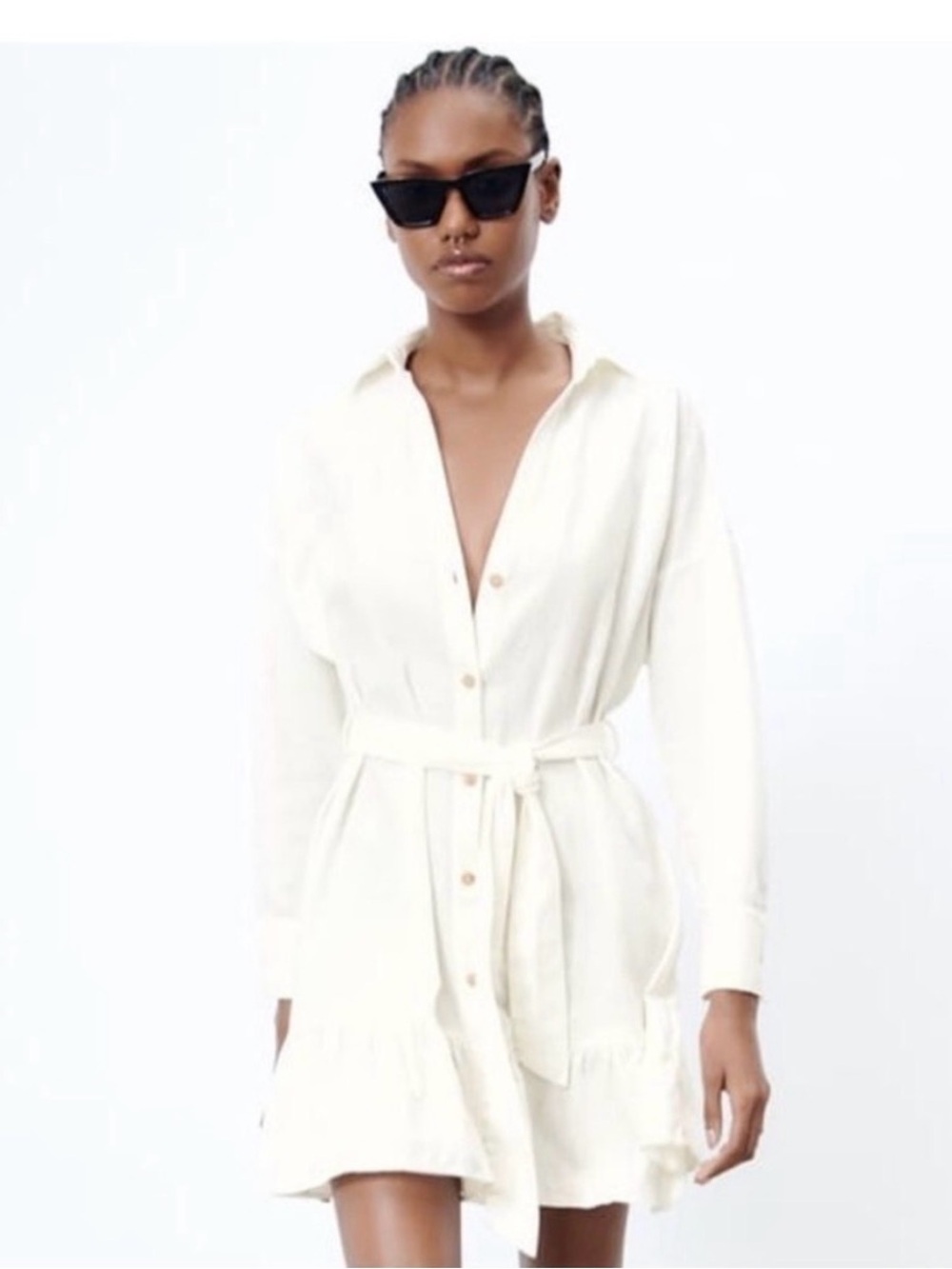 Zara White Button-Front Shirt Dress with Waist Tie